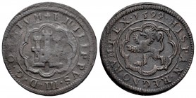 Felipe III (1598-1621). 4 maravedís. 1599. Segovia. (Cal-248). (Jarabo-Sanahuja-C20). Ae. 7,22 g. Defectos de acuñación. MBC-. Est...65,00. /// ENGLIS...