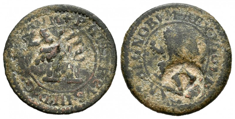 Felipe III (1598-1621). Resello de 6 maravedís de Madrid 1637. Ae. 2,96 g. BC+. ...