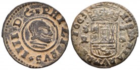 Felipe IV (1621-1665). 16 maravedís. 1663. Sevilla. R. (Jarabo-Sanahuja-no cita). Ae. 4,09 g. Busto atípico. El 1 y 6 del valor muy separados. Rosetas...