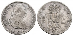 Carlos IV (1788-1808). 1 real. 1794. Madrid. MF. (Cal-415). Ag. 2,91 g. BC+. Est...25,00. /// ENGLISH DESCRIPTION: Charles IV (1788-1808). 1 real. 179...