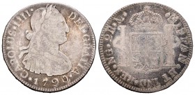 Carlos IV (1788-1808). 2 reales. 1790. Guatemala. M. (Cal 2019-547). Ag. 6,47 g. Primer año de busto propio. Busto grande. Muy escasa. BC. Est...20,00...