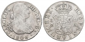 Carlos IV (1788-1808). 2 reales. 1806. Madrid. FA. (Cal-615). Ag. 5,61 g. BC/BC+. Est...15,00. /// ENGLISH DESCRIPTION: Charles IV (1788-1808). 2 real...