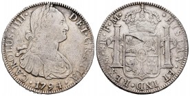 Carlos IV (1788-1808). 8 reales. 1794. México. FM. (Cal-799). Ag. 26,71 g. Rayas. MBC-. Est...40,00. /// ENGLISH DESCRIPTION: Charles IV (1788-1808). ...