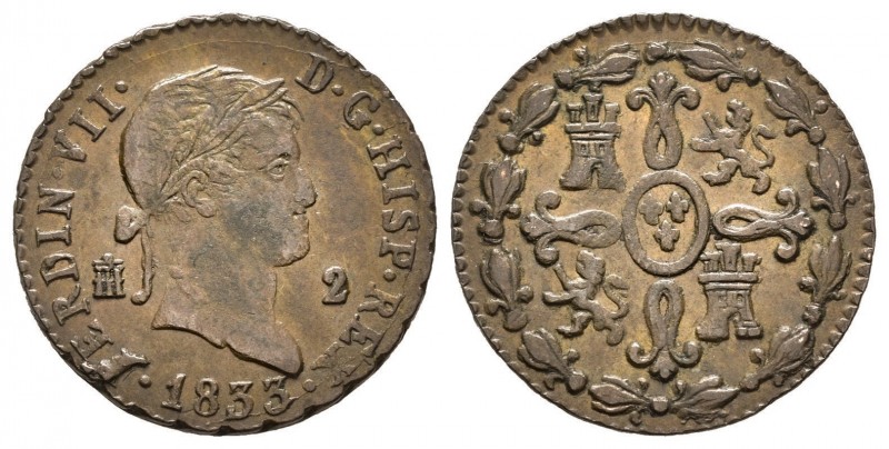 Fernando VII (1808-1833). 2 maravedís. 1833. Segovia. (Cal-157). Ae. 2,30 g. MBC...