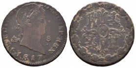 Fernando VII (1808-1833). 8 maravedís. 1817. Segovia. (Cal 2008-1674 variante). Ae. 11,23 g. Primer busto. Dos puntos a la derecha de la fecha. BC. Es...