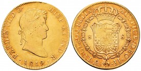 Fernando VII (1808-1833). 8 escudos. 1719. México. JJ. (Cal-1798). (Cal onza-1270). Au. 26,95 g. Mínimos golpecitos en el canto. MBC+. Est...1250,00. ...