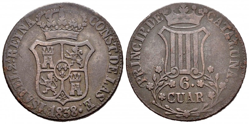 Isabel II (1833-1868). 6 cuartos. 1838. Barcelona. (Cal 2019-18). Ae. 14,42 g. M...