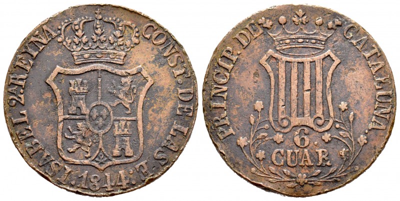 Isabel II (1833-1868). 6 cuartos. 1844. Barcelona. (Cal 2019-26). Ae. 13,57 g. G...