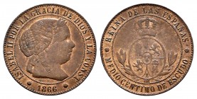 Isabel II (1833-1868). 1/2 céntimo de escudo. 1866. Barcelona. OM. (Cal 2019-199). Ae. 1,25 g. MBC-. Est...20,00. /// ENGLISH DESCRIPTION: Elizabeth I...