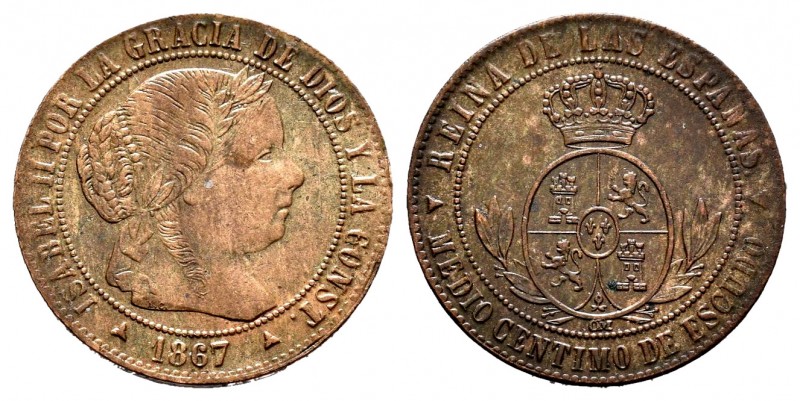 Isabel II (1833-1868). 1/2 céntimo de escudo. 1867. Segovia. OM. (Cal 2019-209)....