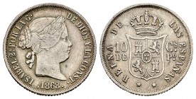 Isabel II (1833-1868). 10 centavos. 1868. Manila. (Cal-656). Ag. 2,49 g. MBC-. Est...18,00. /// ENGLISH DESCRIPTION: Elizabeth II (1833-1868). 10 cent...