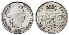 Isabel II (1833-1868). 10 centavos. 1868. Manila. (Cal-656). Ag. 2,57 g. MBC-. Est...18,00. /// ENGLISH DESCRIPTION: Elizabeth II (1833-1868). 10 cent...