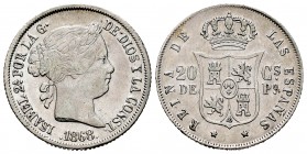 Isabel II (1833-1868). 20 centavos. 1868. Manila. (Cal-661). Ag. 5,20 g. MBC-. Est...20,00. /// ENGLISH DESCRIPTION: Elizabeth II (1833-1868). 20 cent...