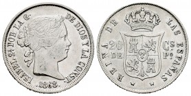 Isabel II (1833-1868). 20 centavos. 1868. Manila. (Cal-661). Ag. 5,14 g. MBC-. Est...20,00. /// ENGLISH DESCRIPTION: Elizabeth II (1833-1868). 20 cent...
