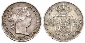 Isabel II (1833-1868). 20 centavos. 1868. Manila. (Cal-661). Ag. 5,14 g. MBC. Est...40,00. /// ENGLISH DESCRIPTION: Elizabeth II (1833-1868). 20 centa...