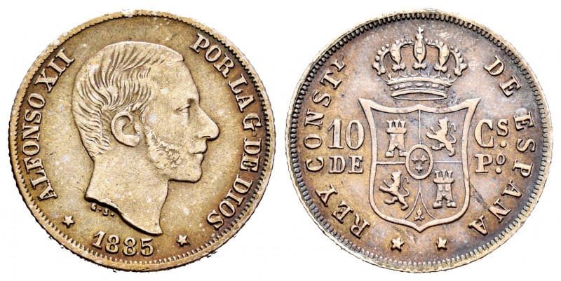 Alfonso XII (1874-1885). 10 centavos. 1885. Manila. (Cal-102). Ag. 2,63 g. Golpe...