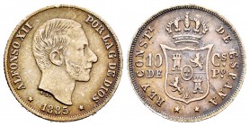 Alfonso XII (1874-1885). 10 centavos. 1885. Manila. (Cal-102). Ag. 2,63 g. Golpecito en el canto. MBC+. Est...25,00. /// ENGLISH DESCRIPTION: Alfonso ...
