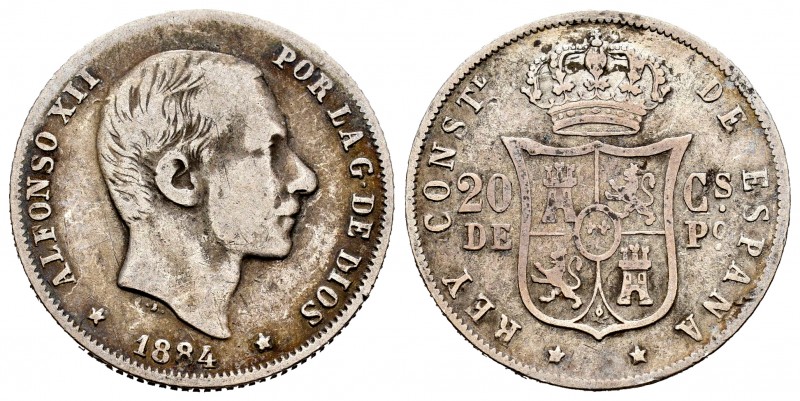 Alfonso XII (1874-1885). 20 centavos. 1884. Manila. (Cal-109). Ag. 5,08 g. BC+. ...