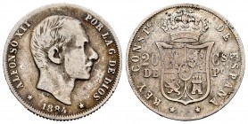 Alfonso XII (1874-1885). 20 centavos. 1884. Manila. (Cal-109). Ag. 5,08 g. BC+. Est...30,00. /// ENGLISH DESCRIPTION: Alfonso XII (1874-1885). 20 cent...