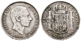 Alfonso XII (1874-1885). 50 centavos. 1881. Manila. (Cal-114). Ag. 12,75 g. BC+. Est...30,00. /// ENGLISH DESCRIPTION: Alfonso XII (1874-1885). 50 cen...