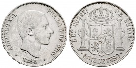 Alfonso XII (1874-1885). 50 centavos. 1883. Manila. (Cal-120). Ag. 12,95 g. Oxidaciones superficiales limpiadas. MBC/MBC-. Est...35,00. /// ENGLISH DE...