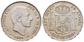 Alfonso XII (1874-1885). 50 centavos. 1885. Manila. (Cal-124). Ag. 12,95 g. Golpecitos en el canto. EBC-/EBC. Est...60,00. /// ENGLISH DESCRIPTION: Al...