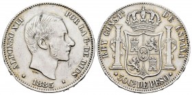 Alfonso XII (1874-1885). 50 centavos. 1885. Manila. (Cal-114). Ag. 12,88 g. Golpes en el canto. MBC+. Est...25,00. /// ENGLISH DESCRIPTION: Alfonso XI...