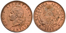 Argentina. 2 centavos. 1892. (Km-33). Ae. 10,00 g. Rayita en anverso. SC-. Est...30,00. /// ENGLISH DESCRIPTION: Argentina. 2 centavos. 1892. (Km-33)....