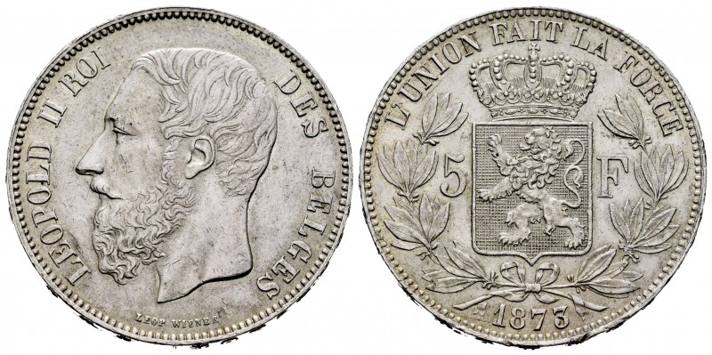 Bélgica. Leopold II. 5 francs. 1873. (Km-24). Ag. 24,94 g. Golpecitos en el cant...