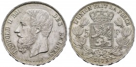 Bélgica. Leopold II. 5 francs. 1873. (Km-24). Ag. 24,94 g. Golpecitos en el canto. EBC-/EBC. Est...35,00. /// ENGLISH DESCRIPTION: Belgium. Leopold II...