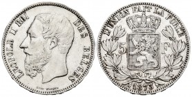 Bélgica. Leopold II. 5 francs. 1873. (Km-24). Ag. 24,88 g. MBC+. Est...25,00. /// ENGLISH DESCRIPTION: Belgium. Leopold II. 5 francs. 1873. (Km-24). A...