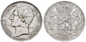 Bélgica. Leopold I. 5 francs. 1850. (Km-17). Ag. 24,86 g. Golpecito en el canto. MBC. Est...25,00. /// ENGLISH DESCRIPTION: Belgium. Leopold I. 5 fran...