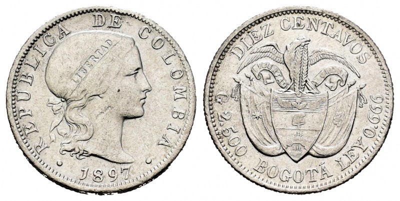 Colombia. 10 centavos. 1897. (Km-188). Ag. 2,38 g. MBC. Est...12,00. /// ENGLISH...