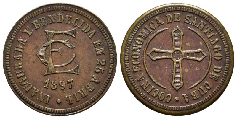 Cuba. Ficha. 1827. Ae. 4,03 g. Inaguración de la cocina economica de Santiago de...