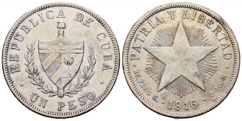 Cuba. 1 peso. 1916. (Km-15.2). Ag. 26,35 g. Golpecitos. MBC. Est...25,00. /// EN...