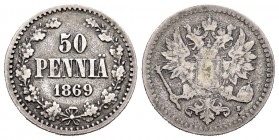 Finlandia. Alexander II. 50 pennia. 1869. s. (Km-2.1). (Bitkin-636). Ag. 2,32 g. Rara. MBC-. Est...25,00. /// ENGLISH DESCRIPTION: Finland. Alexander ...