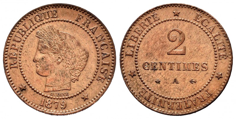 Francia. III República. 2 céntimos. 1879. París. A. (Km-827.1). Ae. 2,07 g. MBC+...