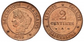 Francia. III República. 2 céntimos. 1879. París. A. (Km-827.1). Ae. 2,07 g. MBC+. Est...12,00. /// ENGLISH DESCRIPTION: France. 2 centimos. 1879. Pari...