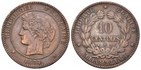 Francia. III República. 10 centimes. 1870. París. A. (Km-815.1). (Gad-265a). Ae. 9,47 g. MBC. Est...15,00. /// ENGLISH DESCRIPTION: France. 10 centime...