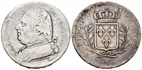 Francia. Louis XVIII. 5 francos. 1814. Bayona. L. (Km-702.8). Ag. 24,58 g. Golpecitos en el canto. BC+. Est...30,00. /// ENGLISH DESCRIPTION: France. ...