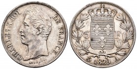 Francia. Charles X. 5 francos. 1829. París. A. (Km-728.1). Ag. 24,90 g. MBC+. Est...60,00. /// ENGLISH DESCRIPTION: France. Charles X. 1829. Paris. A....