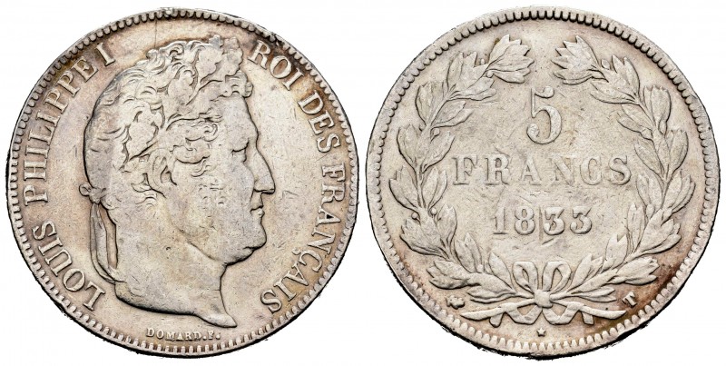 Francia. Louis Philippe I. 5 francos. 1833. Nantes. T. (Km-749.12). (Gad-678). A...
