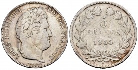 Francia. Louis Philippe I. 5 francos. 1833. Nantes. T. (Km-749.12). (Gad-678). Ag. 24,62 g. Soldadura en el canto. MBC-. Est...25,00. /// ENGLISH DESC...