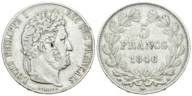 Francia. Louis Philippe I. 5 francos. 1846. París. A. (Km-749.1). Ag. 24,68 g. Golpecito en el anverso. MBC-. Est...15,00. /// ENGLISH DESCRIPTION: Fr...