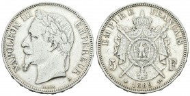 Francia. Napoleón III. 5 francos. 1869. París. A. (Km-799.1). Ag. 24,83 g. BC+/MBC-. Est...15,00. /// ENGLISH DESCRIPTION: France. Napoleon III. 5 fra...