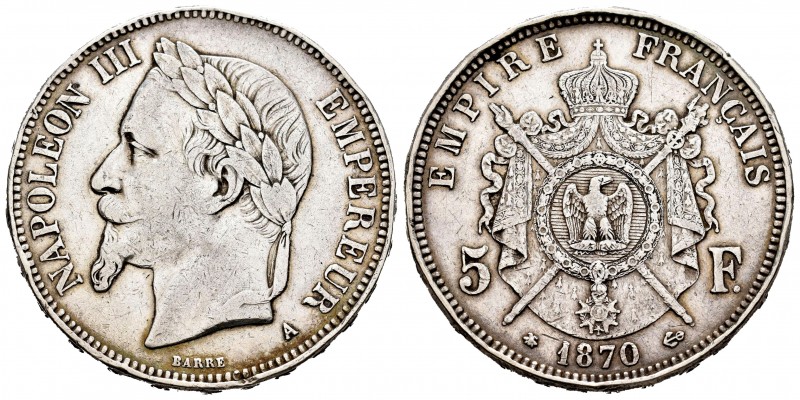 Francia. Napoleón III. 5 francos. 1870. París. (Gad-739). (Km-799.1). Ag. 24,83 ...