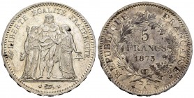 Francia. III República. 5 francos. 1873. París. A. (Km-820.1). (Gad-745a). Ag. 24,88 g. EBC-/EBC. Est...25,00. /// ENGLISH DESCRIPTION: France. 1873. ...
