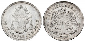 México. 25 centavos. 1886. Chihuahua. M. (Km-406.1). Ag. 6,74 g. Vanos de acuñación. EBC. Est...25,00. /// ENGLISH DESCRIPTION: Mexico. 25 centavos. 1...