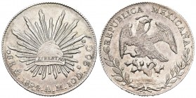México. 8 reales. 1894. México. AM. (Km-377.10). Ag. 27,00 g. Raya en anverso. MBC+. Est...40,00. /// ENGLISH DESCRIPTION: Mexico. 8 reales. 1894. Méx...