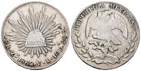 México. 8 reales. 1862. Zacatecas. VL. (Km-377.13). Ag. 26,60 g. Rayas. MBC. Est...35,00. /// ENGLISH DESCRIPTION: Mexico. 8 reales. 1862. Zacatecas. ...